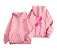 Octobre Rose Cancer du Sein Pull Court Chaud de Sport décontracté en Polaire avec Cordon Serrage et Fermeture éclair mensuelle la prévention des Femmes Plaid Sweat Capuche pour Femme