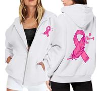 Octobre Rose Sweat à Capuche zippé Manches Longues Sweats à Capuches Oversize Grande Taille Casual Ruban Rose de Sensibilisation au Cancer du Sein d'Octobre Sweatshirt Manteau (White, S)