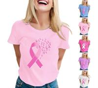 Octobre Rose Tee Shirt À Manches Courtes Col Rond, Cancer du Sein Cadeau Imprimé, T-Shirts Octobre Rose Femme Couleur Unie, S-XXL