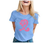 Octobre Rose Tee Shirt Femme Coton Femmes Cap Sleeve T-Shirts À Manches Courtes Col en V Casual T-Shirts De Base D'été Lâches T-Shirt Sport Chemise en Lin Blouse Manches 3/4 (Bleu Ciel,XXL)