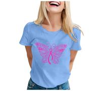 Octobre Rose Tee Shirt Femme Coton T-Shirt Décontracté à Manches Longues pour Femmes Haut Desigual Couleur Unie Blouse Tee Shirt Annee 80 Haut Grande Taille Blouse Fluide (Bleu Ciel,XL)