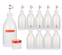 Octopus 10x Bouteilles en plastique 500 ml de LDPE, naturel, G25, bouchon compte-gouttes, sangle de retenue rouge et bouchon