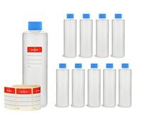 Octopus Bouteilles en Plastique 10 x 250 ML, Bouteilles en Plastique PE-HD avec Bouchon à vis de Bleu, Bouteilles vides avec Bouchons à vis Bleu, Bouteilles Rondes. Dix étiquettes incluses.
