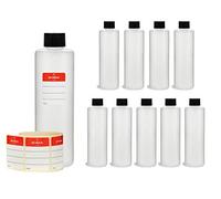Octopus Bouteilles en plastique 10 x 250 ml, bouteilles en plastique PE-HD avec bouchon à vis de noire, bouteilles vides avec bouchons à vis noire, bouteilles rondes. Dix étiquettes incluses.