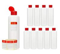 Octopus Bouteilles en plastique 10 x 250 ml, bouteilles en plastique PE-HD avec capsule service rouge, bouteilles vides avec bouchon à charnière rouge, bouteilles rondes. 10 étiquettes incluses.