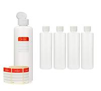 Octopus Bouteilles en plastique 5 x 250 ml, bouteilles en plastique PE-HD avec capsule service blance, bouteilles vides avec bouchon à charnière blancs, bouteilles rondes, étiquettes incluses.