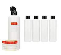 Octopus Bouteilles en plastique 5 x 250 ml, bouteilles en plastique PE-HD avec capsule service noire, bouteilles vides avec bouchon à charnière noirs, bouteilles rondes. 5 étiquettes incluses.