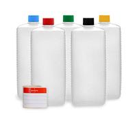 Octopus Bouteilles en plastique 5x 1000 ml, bouteilles en plastique PE-HD avec bouchon à vis de couleur vive, bouteilles vides avec bouchons à vis colorés, bouteilles carrées, étiquettes incluses
