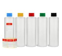 Octopus Bouteilles en plastique 5x 250 ml, bouteilles en plastique PE-HD avec bouchon à vis de couleur vive,rond bouteilles vides avec bouchons à vis colorés, bouteilles rondes + étiquettes