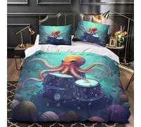 Octopus Playing Drums Housse de Couette 3D Imprimé Microfibre Résistante 3 Pièces Taie Super Douce Underwater Coon Linge de Lit Ultra Douce Entretien Facile for Adultes Enfants Single（140x200cm）