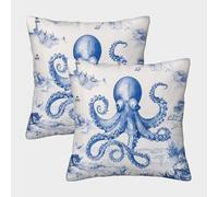 Octopus Seaside Scene-Blue Monochrome Coastal Art Housse Coussin 2 Pièces Available All Seasons Taie d'oreiller Decoratif Housses De Coussin Canape Luxe pour Siège Maison 50x50cm
