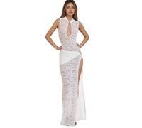 OCUH Robe longue en dentelle noire transparente pour femme, tenue sexy pour sortir, jupe fendue, robe moulante pour vacances, fête, blanc, Taille S