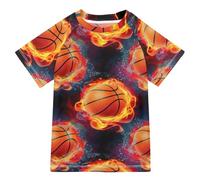 ODAWA Maillot de bain pour enfants, motif ballon de basket-ball, noir feu, UPF+ 50, séchage rapide, rashguard pour garçons et filles, Ballons de basket Fire Black, 9-10 ans