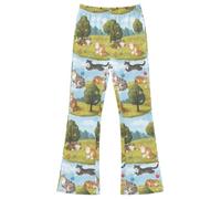 ODAWA Pantalon d'éléphant extensible pour filles Motif chats Bleu ciel arbres fleurs 4-12 ans