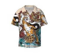 OdDdot Chemise habillée à manches courtes avec imprimé dragon et tigre pour homme, coupe ajustée, décontractée, chemise boutonnée, Noir , M