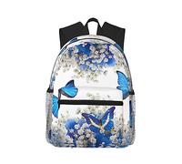 OdDdot Sac à dos de voyage décontracté pour ordinateur portable, sac à dos imperméable pour lycée, imprimé corbeau noir, Papillons bleus et fleurs blanches., taille unique