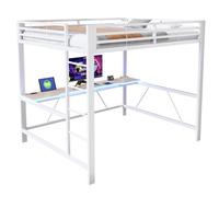 odikalo Cadre de lit mezzanine en métal 160 x 200 cm, lit pour adolescent, lit double, avec éclairage LED, station de charge USB et bureau, avec sommier à lattes, cadre de lit en fer, blanc (sans