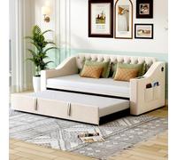 odikalo Canapé Lit 90x190cm avec Lit Gigogne, Lits Enfant avec Port USB et Poches de Rangement, Tissu Velours, Beige