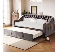odikalo Canapé Lit 90x190cm avec Lit Gigogne, Lits Enfant avec Port USB et Poches de Rangement, Tissu Velours, Gris Foncé