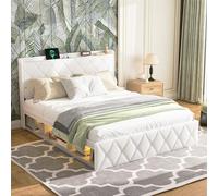 odikalo Lit capitonné 140 x 200 cm avec 6 tiroirs, barre lumineuse, blanc | Lit double avec espace de rangement, cadre de lit avec fonction de charge USB, lit pour adolescents et adultes, peluche