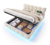 odikalo Lit capitonné effet flottant 140 x 200 cm, lit double chenille | Lit pour adolescent avec LED, port de charge (USB et type C), design bulle, espace de rangement hydraulique, cadre de lit