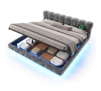 odikalo Lit capitonné effet flottant 180 x 200 cm, lit double chenille | Lit pour adolescent avec LED, port de charge (USB et type C), design bulle, espace de rangement hydraulique, cadre de lit