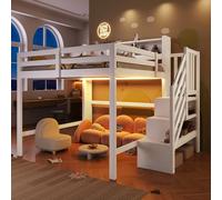 odikalo Lit mezzanine 140 x 200 cm, lit pour adolescent avec lumières LED, grand espace de rangement sous le lit, échelle de rangement, compartiment de rangement ouvert, sommier à lattes, lit double