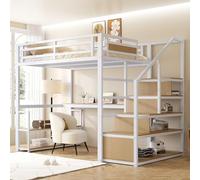 odikalo Lit Mezzanine 140x200cm, Cadre de Lits avec Escalier, étagères Ouvertes et Bureau, Lits pour Enfant avec Barrières de Sécurité, sans Matelas, Blanc + Couleur Bois
