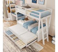 odikalo Lit superposé 90 x 200 cm, lit bébé Montessori, lit mezzanine, lit enfant avec échelle et lits amovibles, 3 tiroirs, blanc (matelas non inclus)