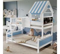 odikalo Lit superposé 90x200cm et 120x200 cm, Lits Montessori, Lits pour Enfants, lit Mezzanine, avec récipient, Forme de fenêtre Unique, Tableau latéral, Blanc+Bleu (Matelas Non Inclus)