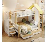 odikalo Lit superposé pour enfant 90/140 x 200 cm, lit simple enfant, lit Montessori, échelle avec conteneur, 2 tiroirs, finition, blanche+naturel (matelas non inclus)