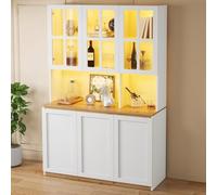 odikalo Vitrine avec éclairage 6 portes et plan de travail Blanc | Vitrine en verre sur pied avec étagères, armoire de cuisine avec portes à cadre en verre, armoire haute vitrine pour salon