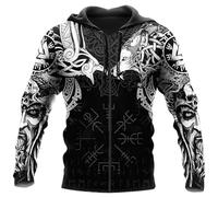 Odin Fenrir Crow Tattoo Sweat à Capuche, Médiéval Viking Valhalla 3D Boussole Imprimée Harajuku Street Pullover Veste Zippée, Automne Confortable Haut en Polyester(Wolf Zip Hoodie,XL)
