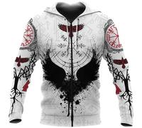 Odin Fenrir Crow Tattoo Sweat à Capuche, Médiéval Viking Valhalla 3D Boussole Imprimée Harajuku Street Pullover Veste Zippée, Automne Confortable Haut en Polyester(Raven Zip Hoodie,L)
