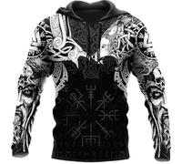 Odin Fenrir Crow Tattoo Sweat à Capuche, Médiéval Viking Valhalla 3D Boussole Imprimée Harajuku Street Pullover Veste Zippée, Automne Confortable Haut en Polyester(Wolf Hoodie,L)
