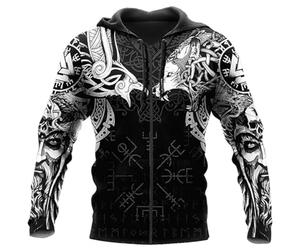 Odin Fenrir Crow Tattoo Sweat à Capuche, Médiéval Viking Valhalla 3D Boussole Imprimée Harajuku Street Pullover Veste Zippée, Automne Confortable Haut en Polyester(Wolf Zip Hoodie,XL)