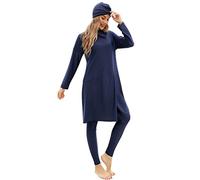 Odizli Burkini pour femme musulmane à manches longues Ensemble de 3 pièces : maillot de bain + bonnet de bain + maillot de bain une pièce Maillot de bain couvrant tout le corps, bleu marine, M