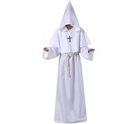 Odizli Costume de moine pour homme - Costume de moine médiéval - Prêtre - Faucheuse - Ghostface - Noir - Cape avec capuche - Costume de carnaval - Costume de carnaval - Blanc - Taille S