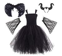 Odizli Costume d'Halloween pour Enfant Fille - Costume de Diable Maléfique - Robe en Tulle - Ailes d'Ange - Cornes de Diable - Carnaval - Fête - Cosplay