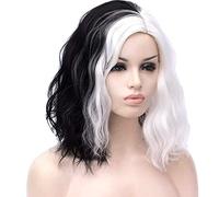 Odizli Cruella Deville Costume pour femme Noir et blanc perruques pour Halloween, carnaval, fête, Cruella De Vil Cosplay Cruella 2021 Set, Perruque, polon, gants et collier, taille unique