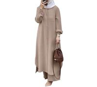 ODIZLI Ensemble 2 pièces pour femme musulmane avec chemise boutonnée et pantalon à manches longues Abaya Robe décontractée Dubaï, kaki, Small
