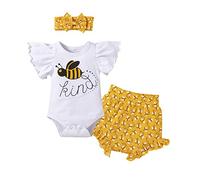 Odizli Ensemble de 3 vêtements d'été pour bébé fille avec body à manches courtes + short fruit + bandeau nœud papillon, Abeille, 9- 12 mois