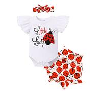 Odizli Ensemble de 3 vêtements d'été pour bébé fille avec body à manches courtes + short fruit + bandeau nœud papillon, coccinelle, 9- 12 mois