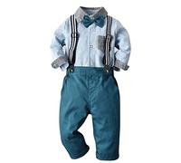 Odizli Ensemble de vêtements 4 pièces pour bébé garçon - Chemise à manches longues + nœud papillon + bretelles + pantalon, Bleu paon, 4-5 Jahre