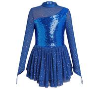 Odizli Justaucorps de ballet pour fille - Manches longues - Paillettes - Paillettes - Justaucorps en maille - Justaucorps de danse - Robe de patinage artistique, bleu, 9-10 ans