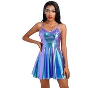 Odizli Mini robe patineuse effet mouillé pailleté métallisé holographique sans manches pour femme, bleu laser, M