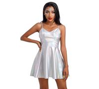 Odizli Mini robe patineuse effet mouillé pailleté métallisé holographique sans manches pour femme, Laser argenté., XL