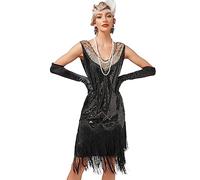 Odizli Robe à franges vintage à paillettes pour femme - Sans manches - Col en V - Pour mariage, fête, cocktail, noir/or, M