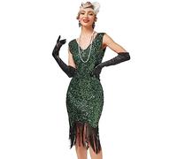 Odizli Robe à franges vintage à paillettes pour femme - Sans manches - Col en V - Pour mariage, fête, cocktail, vert, L
