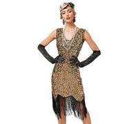 Odizli Robe à franges vintage à paillettes pour femme - Sans manches - Col en V - Pour mariage, fête, cocktail, Doré/noir, L